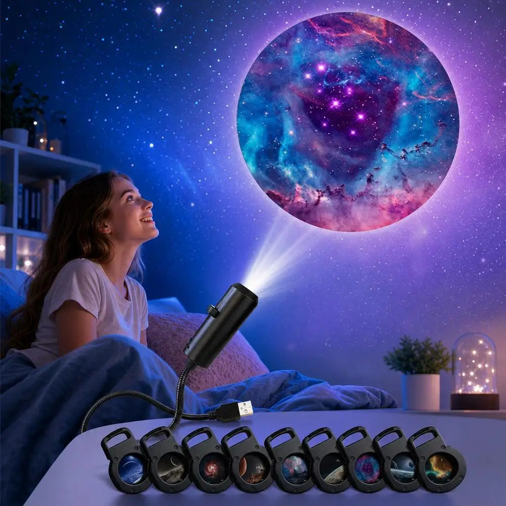 LED Star Galaxy Projector Lamp With 10 Projection Films Galaxy Planet Nebula Projection Light Car Bedroom Atmosphere Night Light