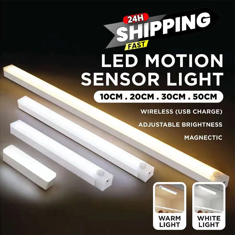 Motion Sensor LED Under Cabinet Lamp Dimmable Rechargeable Night Light Stairs Closet Room Aisle Tube Bar Detector Bulb