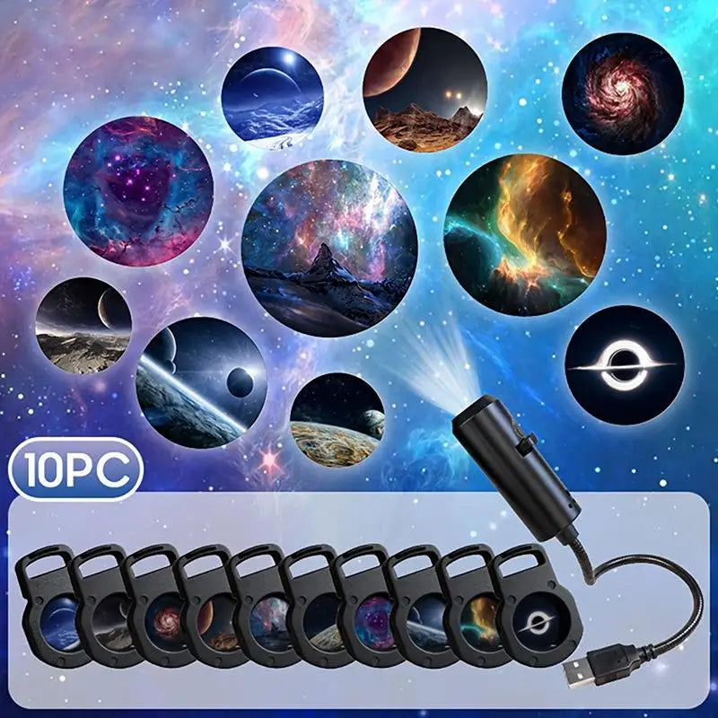LED Star Galaxy Projector Lamp With 10 Projection Films Galaxy Planet Nebula Projection Light Car Bedroom Atmosphere Night Light