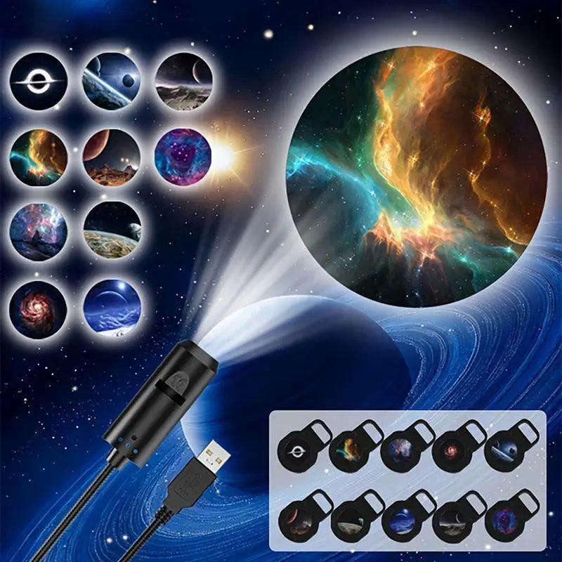 LED Star Galaxy Projector Lamp With 10 Projection Films Galaxy Planet Nebula Projection Light Car Bedroom Atmosphere Night Light