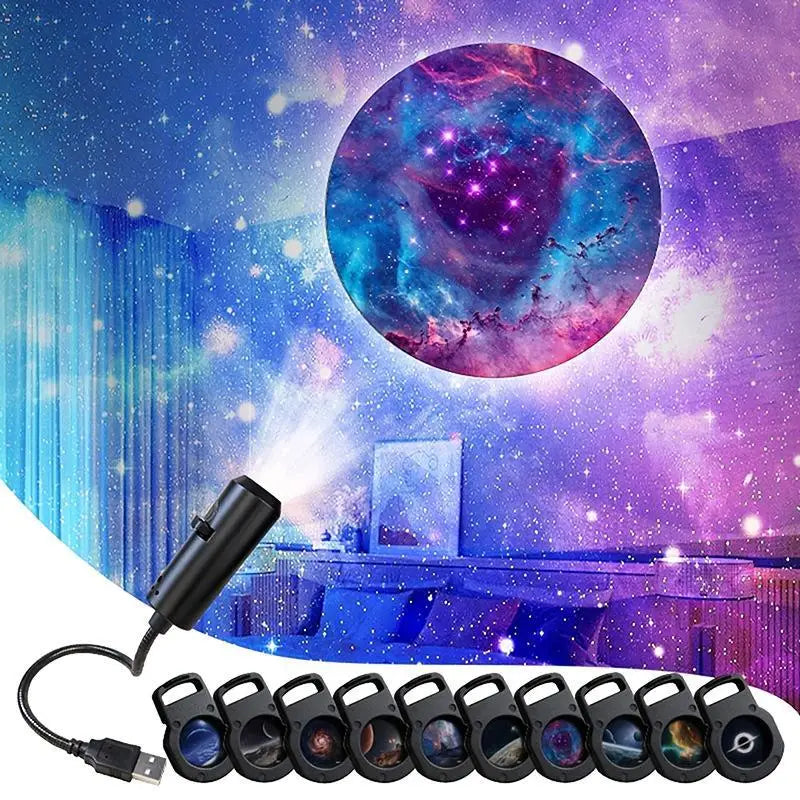 LED Star Galaxy Projector Lamp With 10 Projection Films Galaxy Planet Nebula Projection Light Car Bedroom Atmosphere Night Light